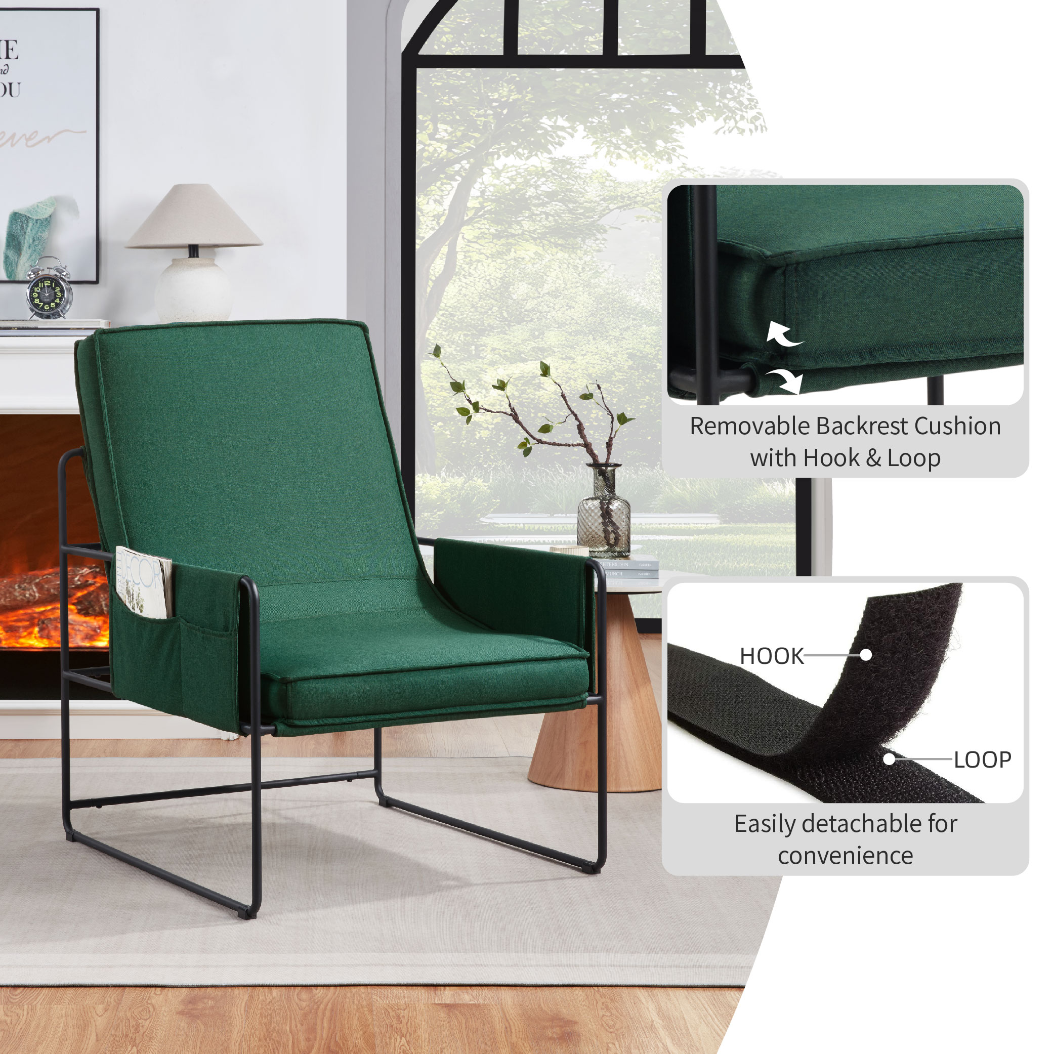 Sling Accent Chair, Comfy Chair With Removable Cushion, Vanity Chair, With Storage Bag For Living Room, Room Chair For Living Room, Bedroom, Office, Green_voghion.com